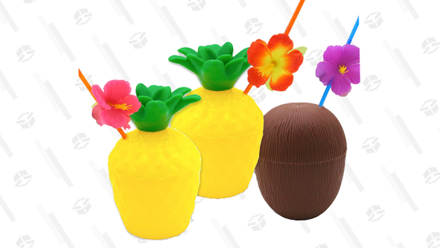 No need to book a flight to the tropics. Bring that island lifestyle to your next gathering with this set of pineapple and coconut novelty cups, featuring hibiscus-adorned straws and spill-proof lids.